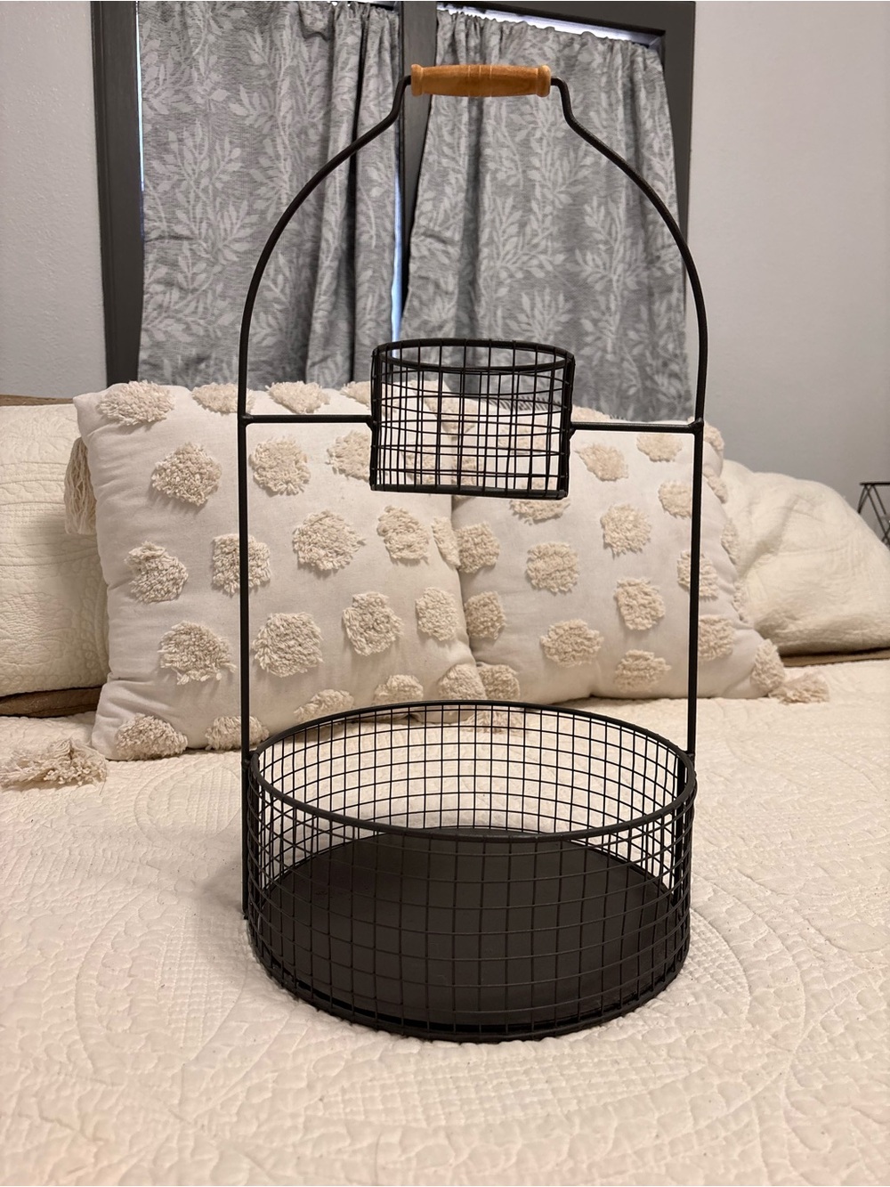 Black Two-Tier Wire Basket Stand with Wooden Handle - Home Accents